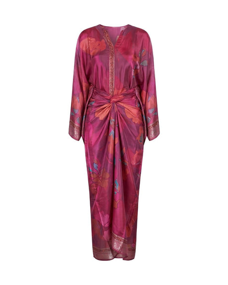 Dusky Burgundy Floral Print Kaftan Top and Draped Skirt Co-ord Set - Co-ord Set - Mizyana