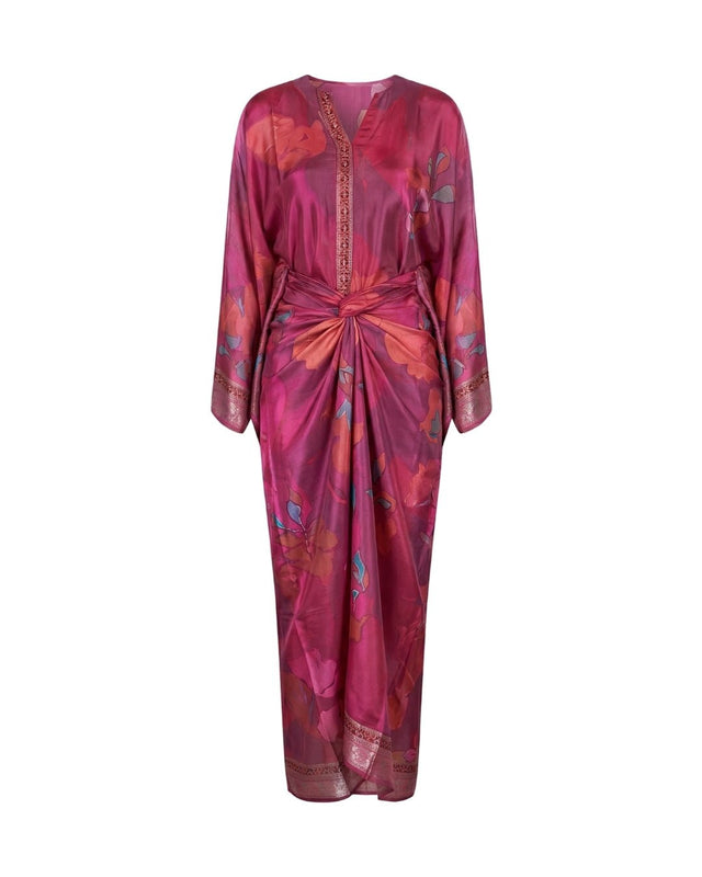 Dusky Burgundy Floral Print Kaftan Top and Draped Skirt Co-ord Set - Co-ord Set - Mizyana
