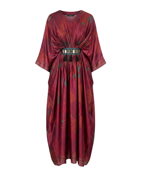 Dusky Burgundy Floral Print Kaftan with Mirror Belt and Tassels - Kaftan - Mizyana