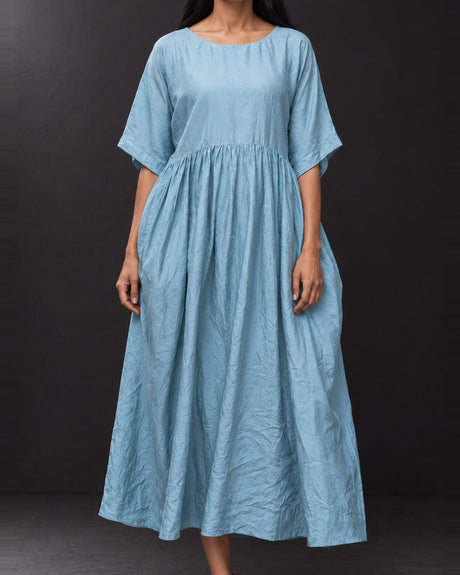 Dusty Blue Handwoven Mulberry Silk Dress with Pockets - Dress - Mizyana
