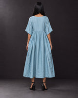 Dusty Blue Handwoven Mulberry Silk Dress with Pockets - Dress - Mizyana