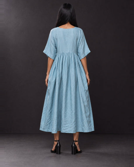 Dusty Blue Handwoven Mulberry Silk Dress with Pockets - Dress - Mizyana