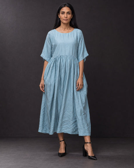 Dusty Blue Handwoven Mulberry Silk Dress with Pockets - Dress - Mizyana