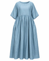 Dusty Blue Handwoven Mulberry Silk Dress with Pockets - Dress - Mizyana