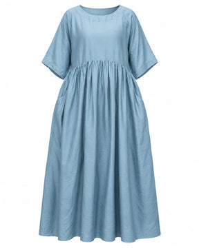 Dusty Blue Handwoven Mulberry Silk Dress with Pockets - Dress - Mizyana