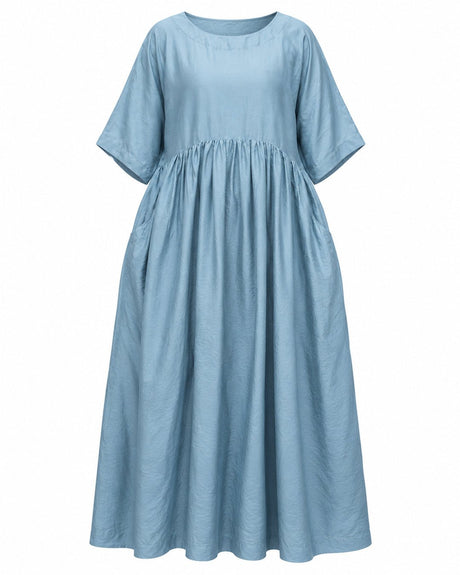 Dusty Blue Handwoven Mulberry Silk Dress with Pockets - Dress - Mizyana
