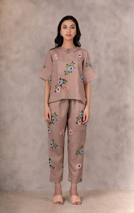 Eden Print Co-Ord Set in linen from ARCVSH by Pallavi Singh in taupe with embroidered flowers, model wearing it, front view