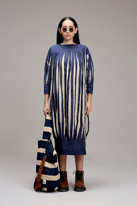 Egg-Shell Blue Striped Balloon Dress from MATI, navy and cream striped balloon dress with banded hem, front view