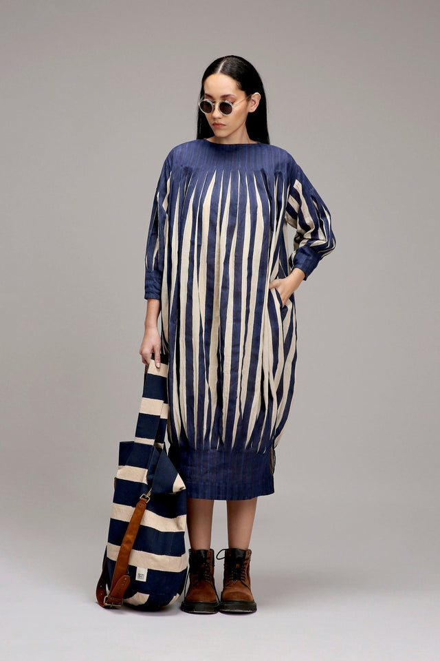 Egg-Shell Blue Striped Balloon Dress - Dress - Mizyana