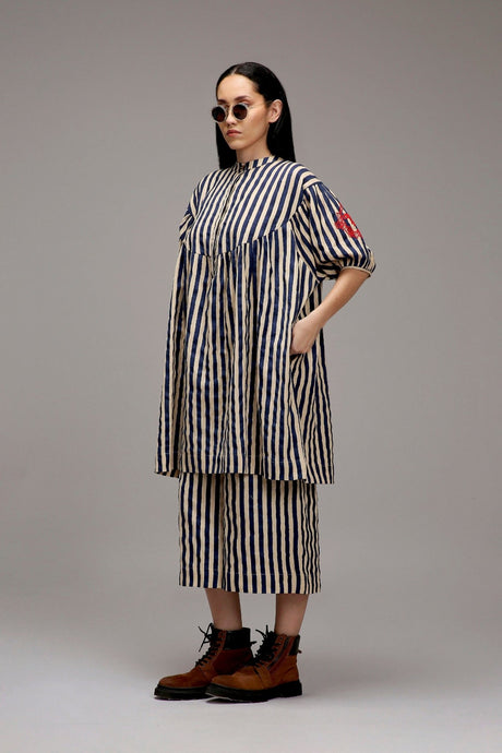 Egg-Shell Blue Striped Capre Pants - Trousers - Mizyana