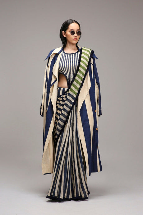 Egg-Shell Bodysuit with Trench & Dual Striped Saree Set (3 PCS) - Three-Piece Set - Mizyana