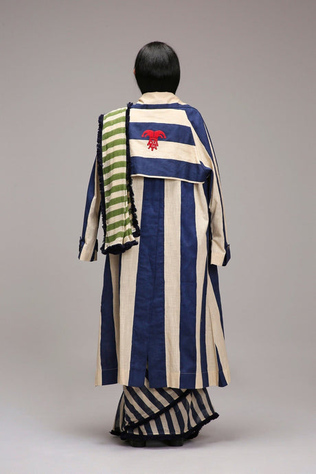 Egg-Shell Corset with Trench & Dual Striped Saree Set (3 PCS) - Three-Piece Set - Mizyana