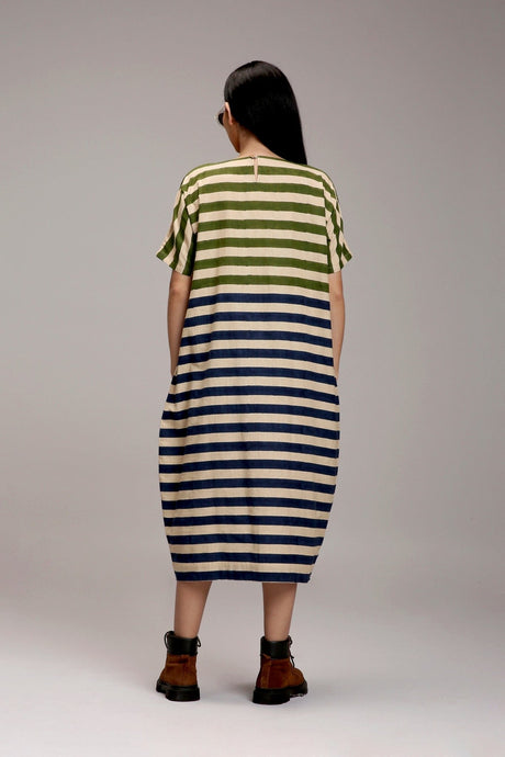 Back view of the Egg-Shell Green & Blue Dual Striped Dress with back button opening