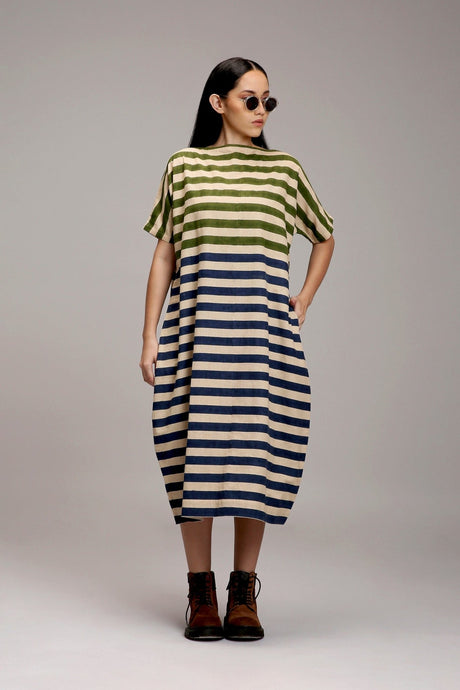 Green & Blue Dual Striped Dress showing the balloon midi shape, three quarter view