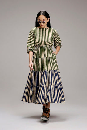 Egg-Shell Green & Blue Striped Tiered Dress - Dress - Mizyana