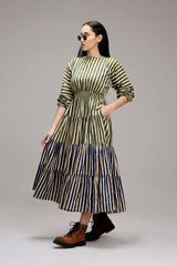 Egg-Shell Green & Blue Striped Tiered Dress - Dress - Mizyana