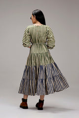 Egg-Shell Green & Blue Striped Tiered Dress - Dress - Mizyana