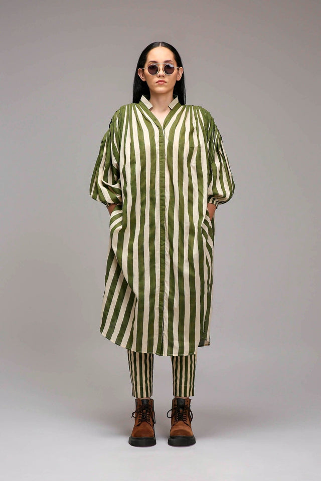 Egg-Shell Green Striped Baha Tunic - Shirt - Mizyana