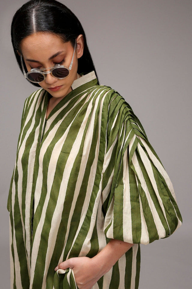 Egg-Shell Green Striped Baha Tunic - Shirt - Mizyana