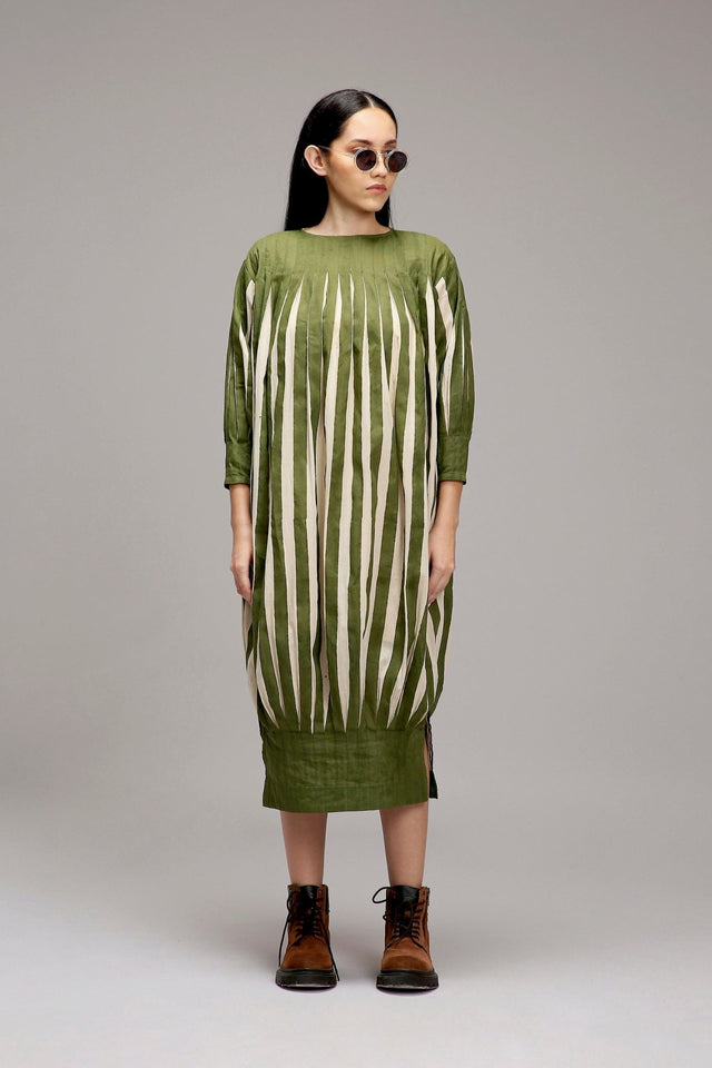 Egg-Shell Green Striped Balloon Dress - Dress - Mizyana
