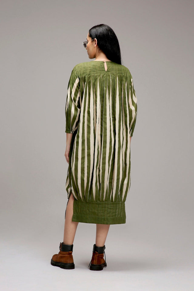 Egg-Shell Green Striped Balloon Dress - Dress - Mizyana