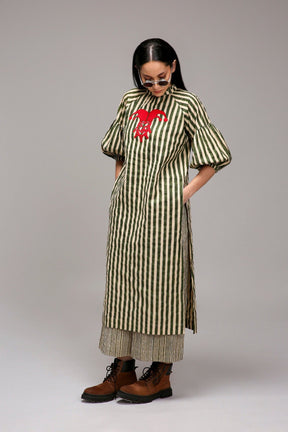 Egg-Shell Green Striped Big Joker Tunic Co-Ord Set (2 PCS) - Co-ord Set - Mizyana