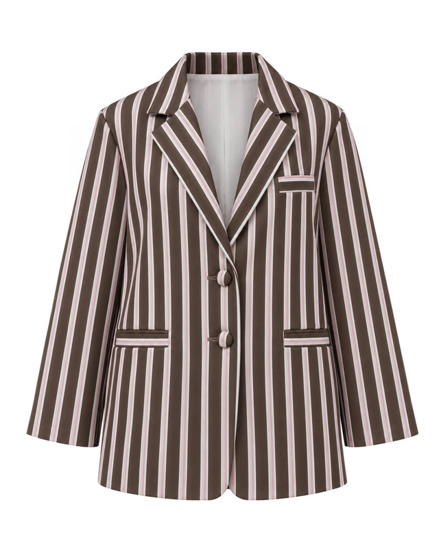 Eira Brown Striped Cotton Double-Buttoned Blazer - Blazer - Mizyana