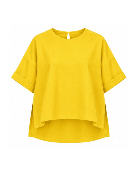 Ekin Cotton Crop Top in yellow with round neck and rolled sleeves, flat front view