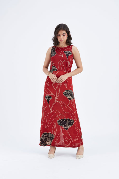 Elara Dress by Hasttvam, sleeveless red maxi with black and cream floral line print, front view