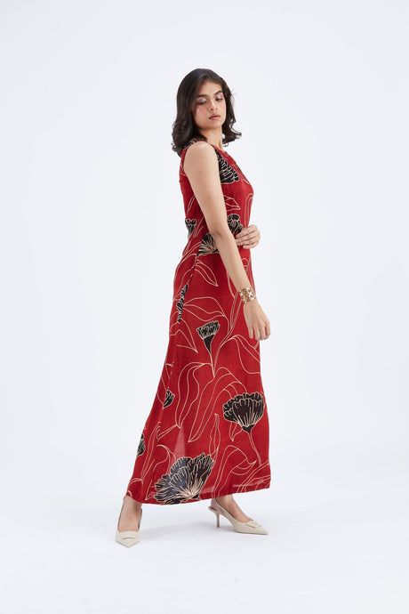 Side view of the Elara Dress showing the fitted bodice and long skirt