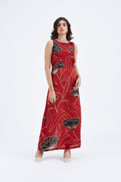 Elara Dress with boat neckline and full length skirt, front view
