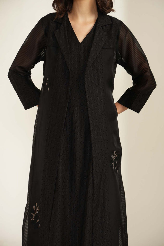Embroided Organza Jacket with Plain Brocade Dress - Dress - Mizyana