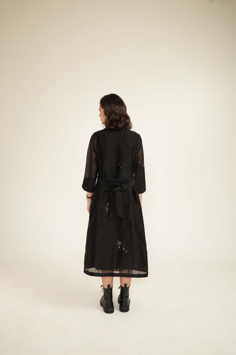 Black embroidered organza jacket and brocade dress back view with tie belt