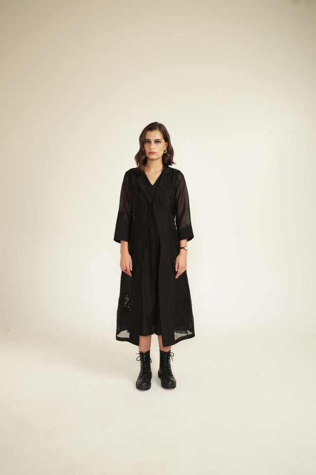 Embroided Organza Jacket with Plain Brocade Dress - Dress - Mizyana