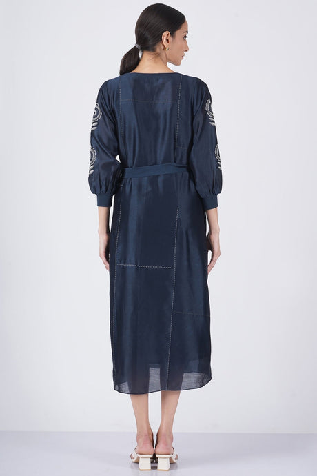 Embroidered sleeve front open dress back view with belted waist