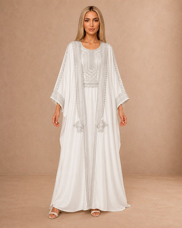 Embroidered Crepe Belted Jalabiya Set - Jalabiya - Mizyana