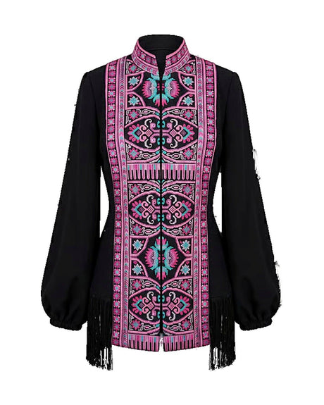 Embroidered Geometric Pattern Fringe Jacket - Jacket - Mizyana