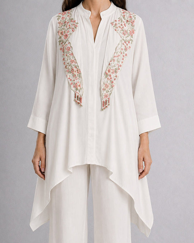 Embroidered High-Low Tunic & Pants Co-ord Set - Two-Piece Set - Mizyana