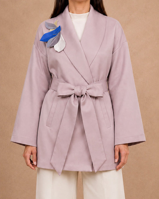 Embroidered Wrap Belted Satin Jacket - Jacket - Mizyana