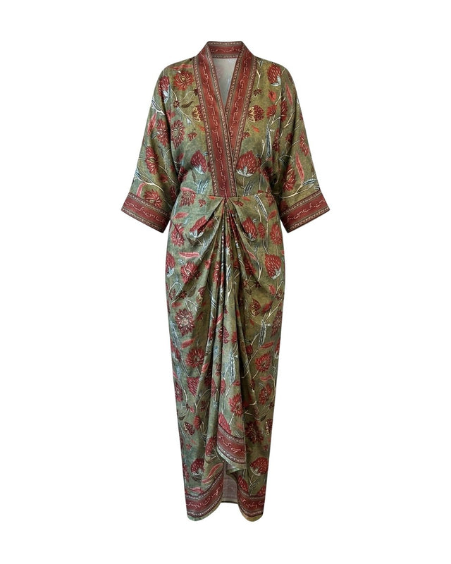 Evara Sage Green Botanical Print Pleated Kaftan - Kaftan - Mizyana