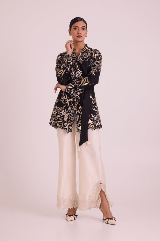Farah - Tendril Wrap Blazer & Cutwork Pants - Two-Piece Set - Mizyana