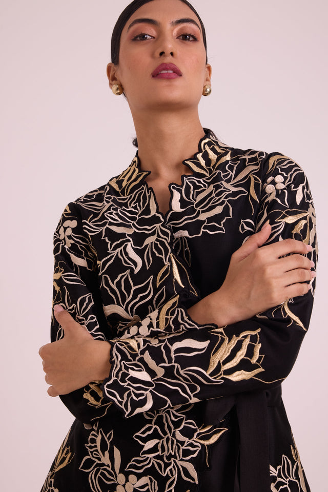 Farah - Tendril Wrap Blazer & Cutwork Pants - Two-Piece Set - Mizyana