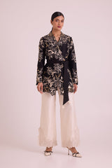 Farah - Tendril Wrap Blazer & Cutwork Pants - Two-Piece Set - Mizyana