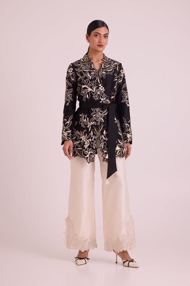 Farah - Tendril Wrap Blazer & Cutwork Pants - Two-Piece Set - Mizyana