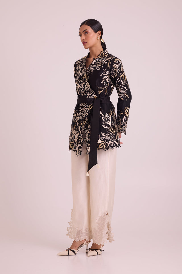 Farah - Tendril Wrap Blazer & Cutwork Pants - Two-Piece Set - Mizyana