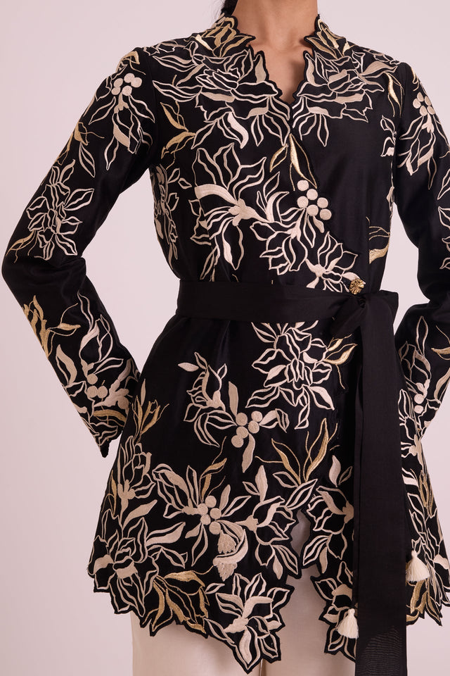 Farah - Tendril Wrap Blazer & Cutwork Pants - Two-Piece Set - Mizyana