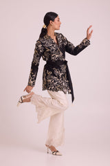 Farah - Tendril Wrap Blazer & Cutwork Pants - Two-Piece Set - Mizyana