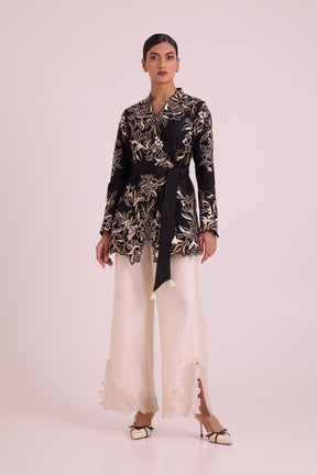 Farah - Tendril Wrap Blazer & Cutwork Pants - Two-Piece Set - Mizyana