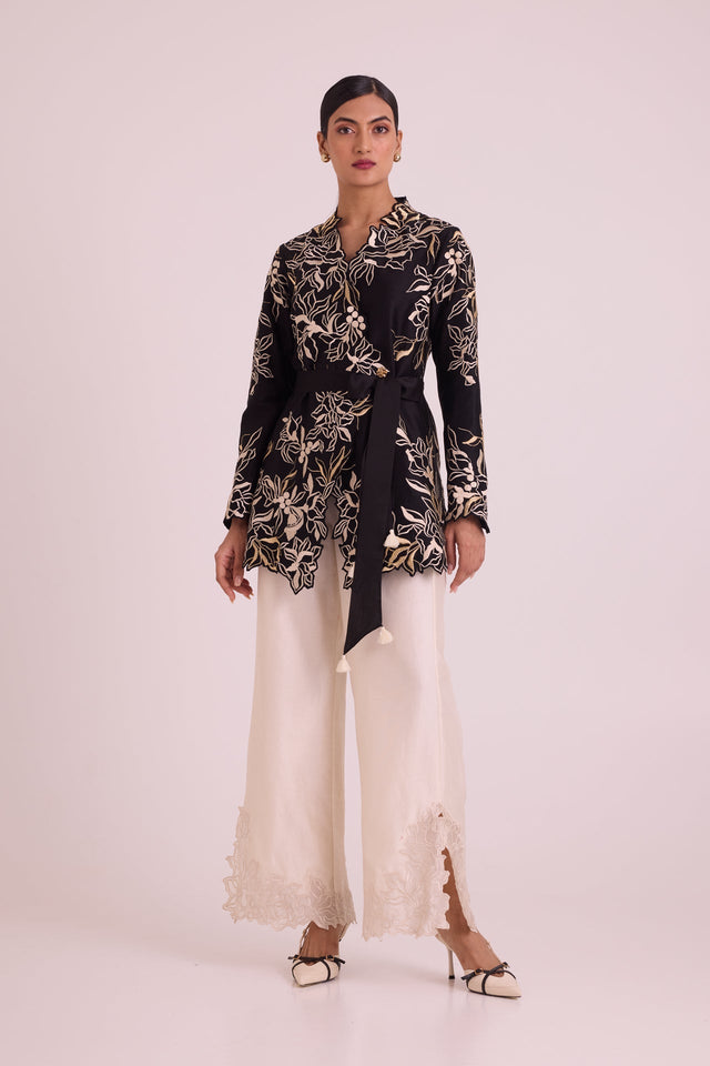 Farah - Tendril Wrap Blazer & Cutwork Pants - Two-Piece Set - Mizyana