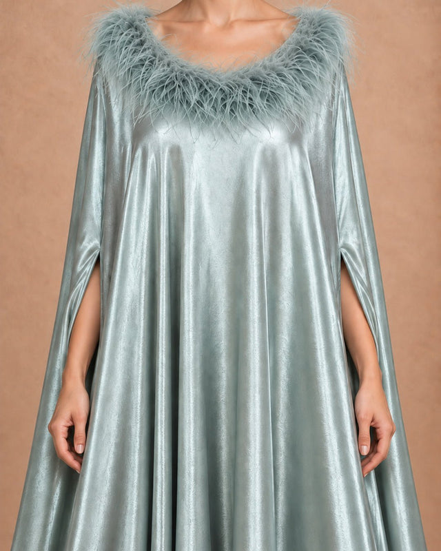 Feathered Neckline Flared Jalabiya - Jalabiya - Mizyana